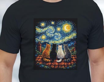 Starry Night Cat T-Shirt, Artistic Cat Lover Shirt, Post-Impressionist Style Cat Art Tee, Gift for Cat Lovers