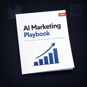 May include: A white booklet titled "AI Marketing Playbook" with blue text and a rising bar graph. A red "PDF" tag is in the upper right corner. The background is dark blue with social media icons.