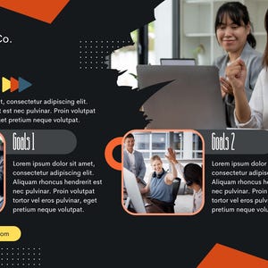 Puede incluir: Gr&aacute;fico con el texto "Salford & Co. OUR GOALS" en amarillo y blanco. La imagen incluye fotos de personas en entornos empresariales, con cuadros de texto que describen objetivos. El fondo es negro con formas geom&eacute;tricas naranjas y azules.