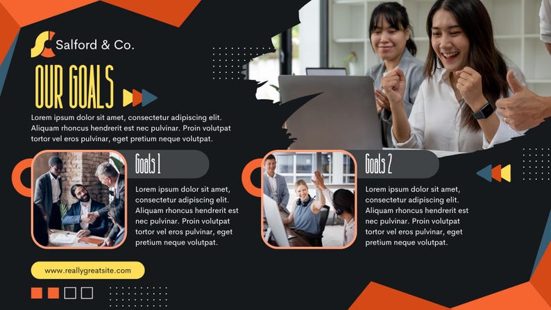 Puede incluir: Gr&aacute;fico con el texto "Salford & Co. OUR GOALS" en amarillo y blanco. La imagen incluye fotos de personas en entornos empresariales, con cuadros de texto que describen objetivos. El fondo es negro con formas geom&eacute;tricas naranjas y azules.