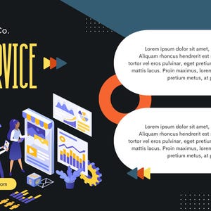 Puede incluir: Una infograf&iacute;a con el texto "OUR SERVICE" y "Salford & Co." en amarillo y blanco. La imagen presenta ilustraciones de personas, gr&aacute;ficos y elementos de sitios web sobre un fondo negro con acentos naranjas y azules. La direcci&oacute;n del sitio web es www.reallygreatsite.com.