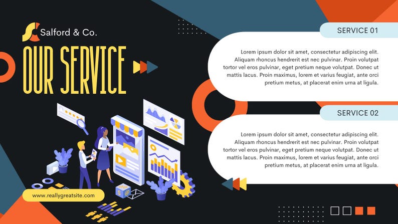 Puede incluir: Una infograf&iacute;a con el texto "OUR SERVICE" y "Salford & Co." en amarillo y blanco. La imagen presenta ilustraciones de personas, gr&aacute;ficos y elementos de sitios web sobre un fondo negro con acentos naranjas y azules. La direcci&oacute;n del sitio web es www.reallygreatsite.com.