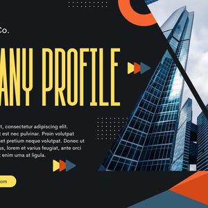Puede incluir: Una presentaci&oacute;n de Perfil de Empresa con el texto "COMPANY PROFILE" en amarillo. El dise&ntilde;o incluye un paisaje urbano moderno, formas geom&eacute;tricas en naranja, negro y azul, y la direcci&oacute;n del sitio web www.reallygreatsite.com.