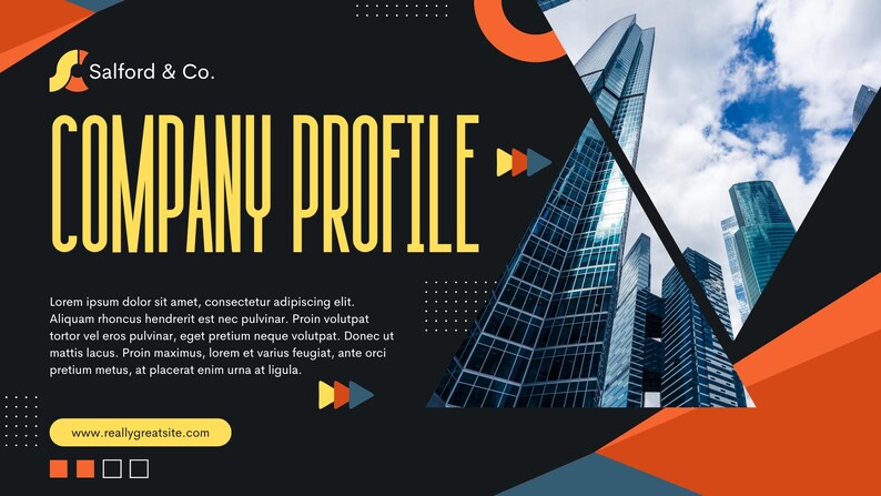 Puede incluir: Una presentaci&oacute;n de Perfil de Empresa con el texto "COMPANY PROFILE" en amarillo. El dise&ntilde;o incluye un paisaje urbano moderno, formas geom&eacute;tricas en naranja, negro y azul, y la direcci&oacute;n del sitio web www.reallygreatsite.com.