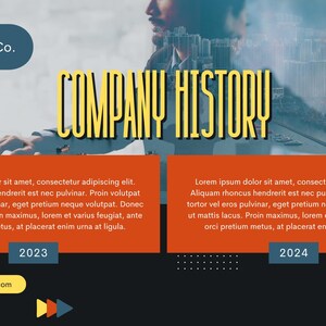 Puede incluir: Una diapositiva de presentaci&oacute;n de negocios con el texto "COMPANY HISTORY" en amarillo. La diapositiva presenta una combinaci&oacute;n de colores azul y naranja, con cuadros de texto para 2023 y 2024. El logotipo de Salford & Co. est&aacute; en la esquina superior izquierda.