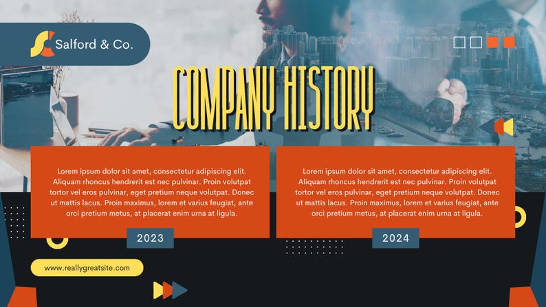 Puede incluir: Una diapositiva de presentaci&oacute;n de negocios con el texto "COMPANY HISTORY" en amarillo. La diapositiva presenta una combinaci&oacute;n de colores azul y naranja, con cuadros de texto para 2023 y 2024. El logotipo de Salford & Co. est&aacute; en la esquina superior izquierda.