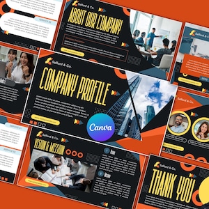 Puede incluir: Un conjunto de diapositivas de presentaci&oacute;n de negocios con un dise&ntilde;o moderno. Las diapositivas presentan una combinaci&oacute;n de colores negro, naranja y azul, con texto e im&aacute;genes relacionadas con perfiles de empresas, visi&oacute;n y miembros del equipo. El logotipo de Canva es visible.