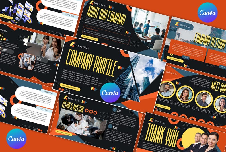 Puede incluir: Un conjunto de diapositivas de presentaci&oacute;n de negocios con un dise&ntilde;o moderno. Las diapositivas presentan una combinaci&oacute;n de colores negro, naranja y azul, con texto e im&aacute;genes relacionadas con perfiles de empresas, visi&oacute;n y miembros del equipo. El logotipo de Canva es visible.