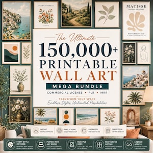 Peut inclure: Une collection numérique de plus de 150 000 fichiers d'art mural imprimables présentant diverses images, notamment des paysages côtiers, des illustrations botaniques, des formes abstraites et des dessins au trait, avec des textes sur les licences.