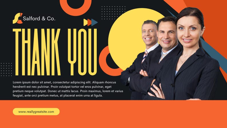 Puede incluir: Una presentaci&oacute;n de negocios con el texto "GRACIAS" en letras amarillas grandes. El fondo es negro, naranja y amarillo con tres personas con trajes. El logotipo de la empresa est&aacute; en la esquina superior izquierda y el sitio web en la parte inferior.