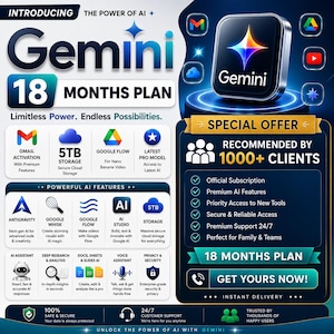 Puede incluir: Un gráfico promocional para un plan Gemini de 18 meses con fondo azul oscuro, el logotipo de Gemini brillante, iconos de servicios de Google y texto que detalla funciones como 5TB de almacenamiento, asistente IA y acceso prioritario.