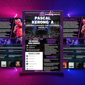 May include: Electronic press kit for Pascal Kerong'a, an AfroSoul, Acoustic Pop, and Alto-Rock artist based in Austin, TX. The kit includes performance highlights, visuals, brand information, quick facts, and social media links. The design features a purple and black color scheme.