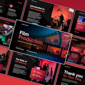 Może przedstawiać: Prezentacja na temat produkcji filmowej, z czerwono-czarnym schematem kolorów. Na slajdzie tytułowym widnieje napis "Film Production" z grafiką taśmy filmowej. Inne slajdy poruszają tematy takie jak rola reżysera.