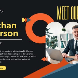 Puede incluir: Gr&aacute;fico promocional con el texto "Meet Our Founder" y el nombre "Jonathan Patterson, CEO/Fundador". La imagen presenta a un hombre con traje, un port&aacute;til y un smartphone. El dise&ntilde;o incluye elementos naranjas, amarillos y azules.