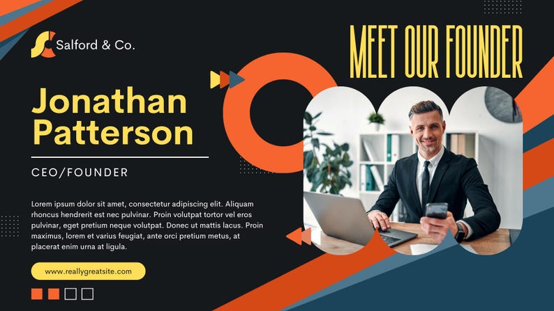 Puede incluir: Gr&aacute;fico promocional con el texto "Meet Our Founder" y el nombre "Jonathan Patterson, CEO/Fundador". La imagen presenta a un hombre con traje, un port&aacute;til y un smartphone. El dise&ntilde;o incluye elementos naranjas, amarillos y azules.