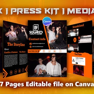 May include: A promotional media kit with a black and orange color scheme. The kit includes pages with song links, contact information, and social media links. The text "EPK | PRESS KIT | MEDIA KIT" is at the top. The kit is editable on Canva.