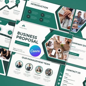 May include: A collection of business proposal presentation slides in shades of white and green. The slides include text such as "Business Proposal", "Implementation Plan", and "Company Overview". The Canva logo is visible on several slides. Photos of people collaborating are also included.