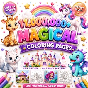 Könnte beinhalten: Eine digitale Sammlung von über 11.000.000 magischen Ausmalbildern mit einer Giraffe, einem Einhorn, einem Wolf und einem Drachen. Die Grafik enthält ein Schloss, einen Regenbogen und vier Quadrate mit farbigen und schwarz-weißen Bildern.