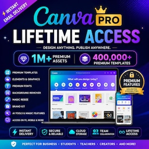 Acceso de por vida a Canva Pro / Plantillas y recursos de diseño premium / Entrega digital instantánea / Más de 1 millón de recursos creativos