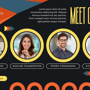 Puede incluir: Gr&aacute;fico empresarial con el texto &laquo;MEET OUR TEAM&raquo; y cuatro fotos de empleados en c&iacute;rculos amarillos. El logotipo de la empresa est&aacute; en la esquina superior izquierda. Los nombres Richard Sanchez, Adeline Palmerston, Pedro Fernandes y Korina Villanueva est&aacute;n debajo de las fotos.