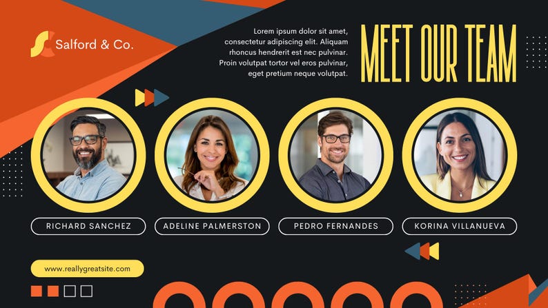 Puede incluir: Gr&aacute;fico empresarial con el texto &laquo;MEET OUR TEAM&raquo; y cuatro fotos de empleados en c&iacute;rculos amarillos. El logotipo de la empresa est&aacute; en la esquina superior izquierda. Los nombres Richard Sanchez, Adeline Palmerston, Pedro Fernandes y Korina Villanueva est&aacute;n debajo de las fotos.