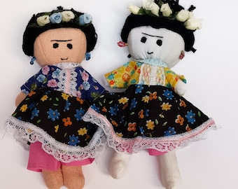 Set of 2 Frida Kahlo doll collectible plush mexican cute decor doll Frida Khalo miniature doll fan art hand sewn fashion rag doll white pink