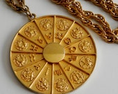 vintage signed napier zodiac necklace - gold long chain with pendent - 70s astrology jewelry