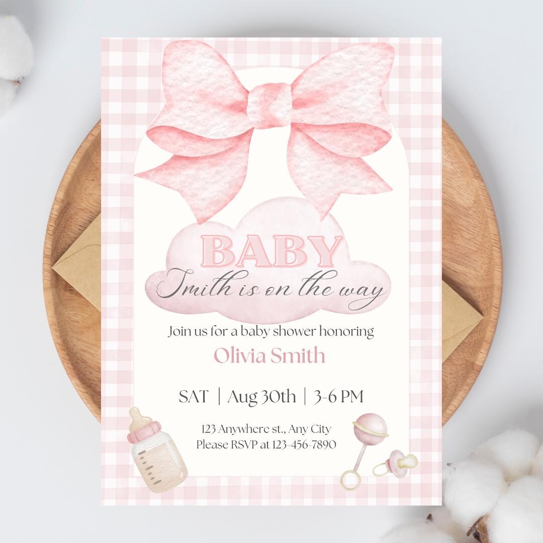 Pink Bow Baby Girl Shower Invitation Editable Instant Digital Download ...