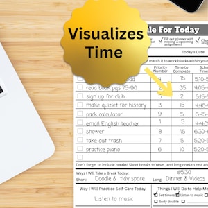 May include: A to-do list on a wooden desk with a laptop and pen. The list includes tasks like reading, studying, and practicing piano. A yellow sticker with the text "Visualizes Time" is in the image.