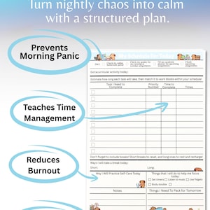 Może przedstawiać: Ustrukturyzowana lista zadań z niebiesko-białym designem, promująca zarządzanie czasem i redukująca wypalenie zawodowe. Lista zawiera sekcje dla zadań, priorytetów i czasu, z tekstem "MORE THAN JUST A TO-DO LIST" na górze.