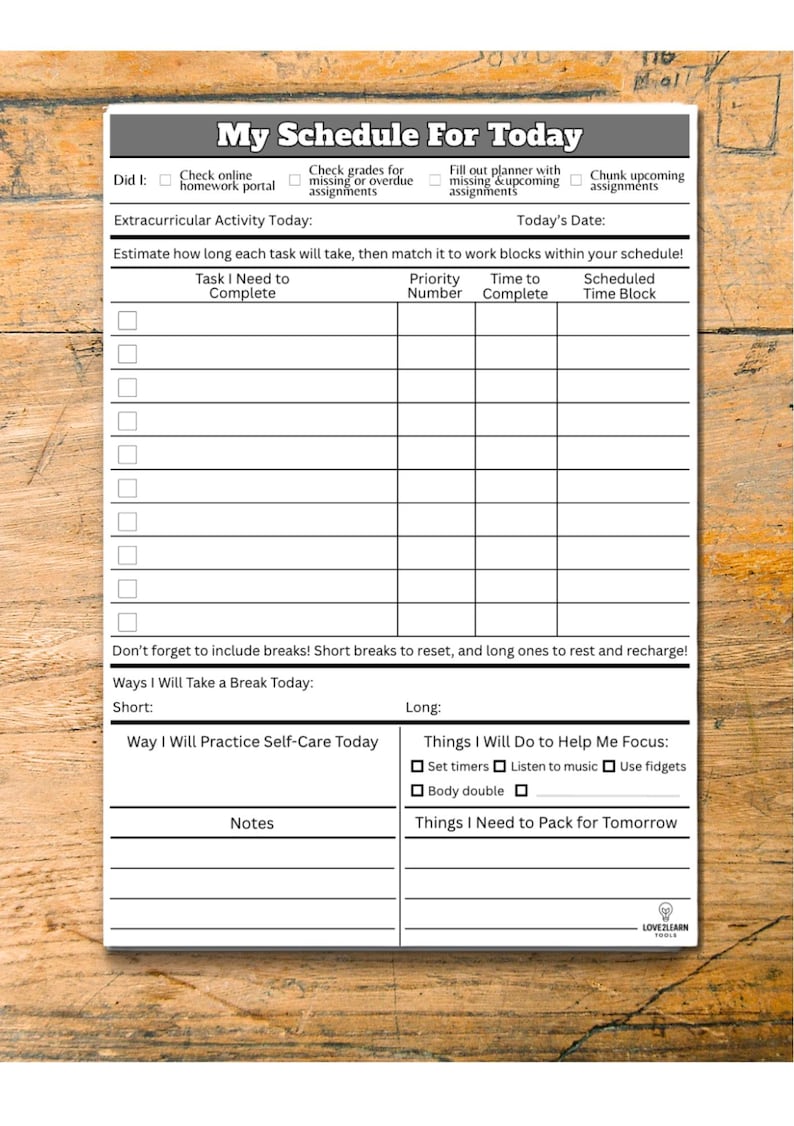 Executive Function Notepad | ADHD Homework Tracker | Student Planner ...
