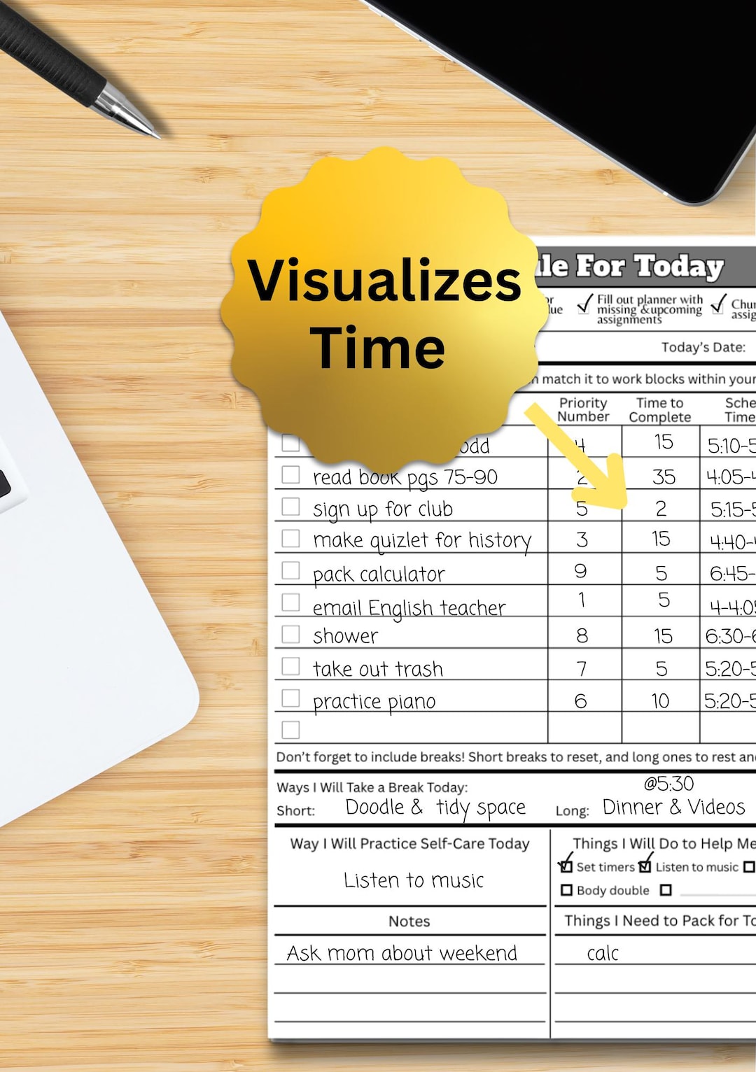 Executive Function Notepad | ADHD Homework Tracker | Student Planner ...