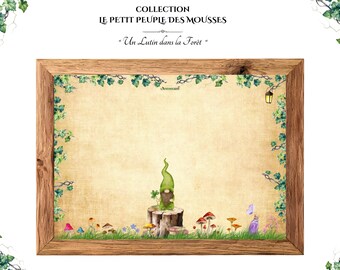 Illustrazione dalla collezione Little Moss People - Uno gnomo nella foresta - biglietto magico stampabile - decorazione incantevole, arte accogliente
