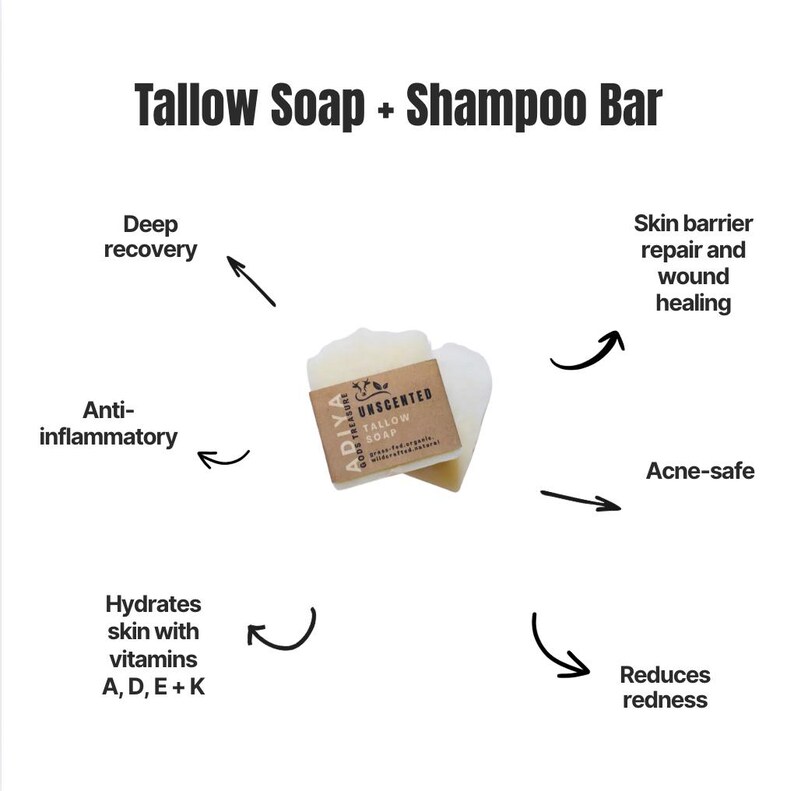 Peut inclure: Deux savons au suif non parfum&eacute;s avec une &eacute;tiquette marron, &eacute;tiquet&eacute;s "ADIYA GODE TREASURE UNSCENTED TALLOW SOAP". L'image met en &eacute;vidence les avantages : r&eacute;cup&eacute;ration profonde, anti-inflammatoire, r&eacute;paration de la barri&egrave;re cutan&eacute;e, sans acn&eacute;, r&eacute;duit les rougeurs et hydrate la peau avec les vitamines A, D, E et K.