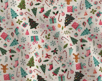 May include: A fabric featuring a repeating Christmas pattern on a cream background. The design includes green pine trees, pink and blue stockings, wrapped gift boxes, gingerbread people, candy canes, ornaments, and snowflakes.
