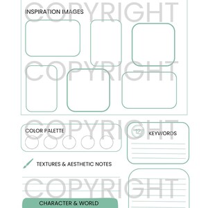 May include: A white moodboard template with light green outlines and text. It features sections labelled MOODBOARD TEMPLATE, INSPIRATION IMAGES, COLOUR PALETTE, KEYWORDS, TEXTURES & AESTHETIC NOTES, and CHARACTER & WORLD REFERENCES with a star icon.