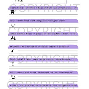 May include: A white worksheet titled PLOT STRUCTURE with purple headers and black text. It includes sections for Title, Hook, Plot Turn 1, Pinch Point 1, Midpoint, Pinch Point 2, Plot Turn 2, and Resolution, each with lines for writing and unique icons.