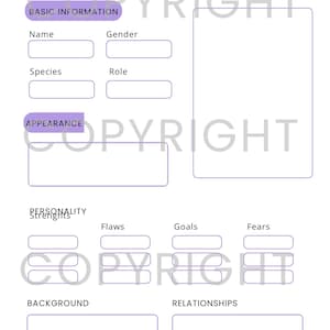 May include: A white character sheet template with purple accents and a feather icon. It features sections for basic information, appearance, personality, background, relationships, and additional notes, with labeled fields for name, gender, species, role, strengths, flaws, goals, and fears.