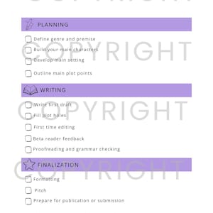 May include: A white novel writing to-do list with purple headers labeled Planning, Writing, and Finalization. It features checkboxes for tasks like define genre, build characters, write first draft, and formatting, ending with a notes section.