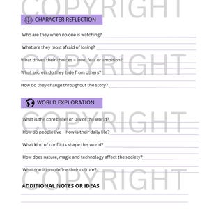May include: A white printable worksheet titled Character & Worldbuilding Questions with purple headers for Character Reflection and World Exploration, featuring lines for writing answers to prompts about character development and fictional world settings.