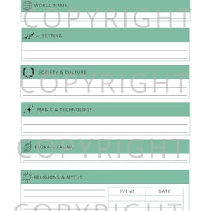 May include: A white worldbuilding planner page with sage green headers featuring icons and text for World Name, Setting, Society & Culture, Magic & Technology, Flora & Fauna, Religions & Myths, and History, including blank lines and a table for events.