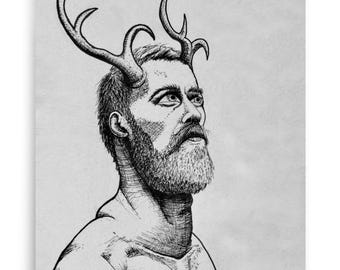 Cernunnos in Black Art Print - Fineliner Illustration - Celtic Wall Art
