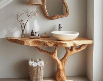 Solid Wood Live Edge Bathroom Vanity, Rustic Farmhouse Sink Console