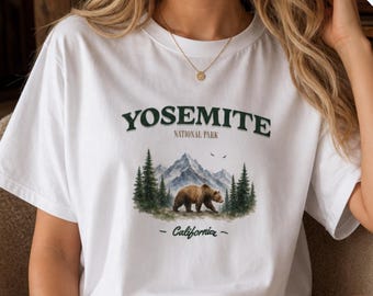 Yosemite T-Shirt, Grizzly Bear National Park Watercolor 100% Cotton Tee