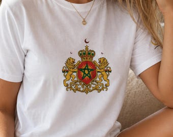 Morocco T-Shirt, Royal Lion Crest Crown Pentagram Star Graphic 100% Cotton Tee