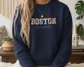 Boston Varsity Sweatshirt with Floral Lettering | Massachusetts Unisex Crewneck | City Graphic Pullover | Soft Everyday