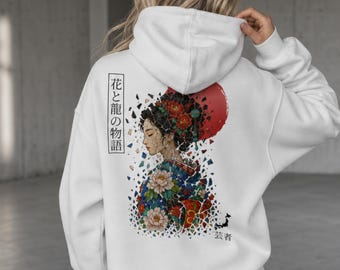 Japan Hoodie, Stained Glass Mosaic Geisha and Dragon Heavyweight Cotton