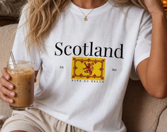 Scotland T-Shirt, Vintage Highland Lion Rampant Crest Est 843 100% Cotton Tee