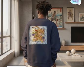 Japansk tigerblommig tröja – unisex rund hals, konstnärligt tryck