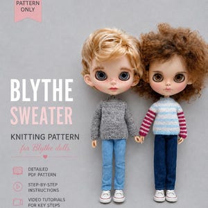 Blythe-tröja stickmönster PDF + videohandledning | Mönster för dockkläder | 1/6 dockdräkt | Direkt nedladdning